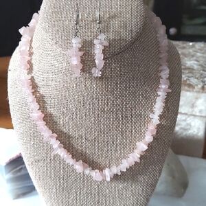 Rose Quartz Chip Necklace and Earrings Set - Pink